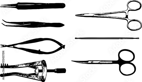 Surgical instruments silhouette, line art illustration of surgical items