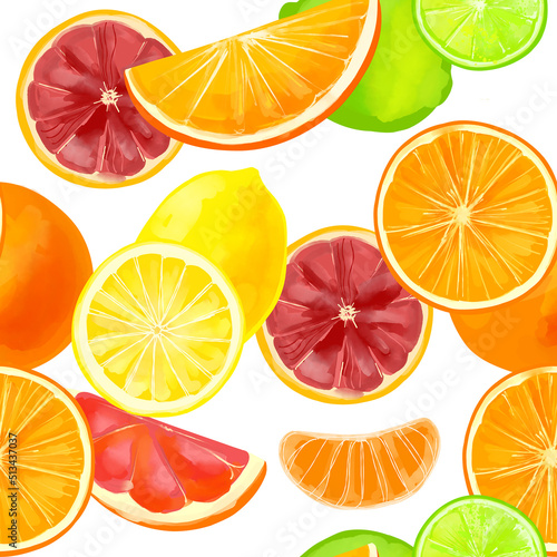 Seamless pattern with citrus fruits with orange, grapefruit, lemon, tangerine and lime on a white background