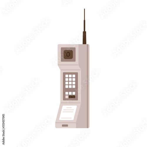 Old cell phone with antenna. First portable mobile telephone of 1973. Retro wireless big cellphone of 70s, 80s, handheld model. Flat graphic vector illustration isolated on white background