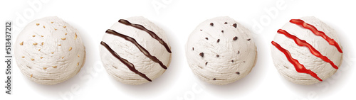Ice cream ball with chocolat and strowberry sauces or syrup, cookie chips realistic vector illustration. Vanilla sphere scoop sundae or sorbet 3D isolated icons on white background, cold summer milk
