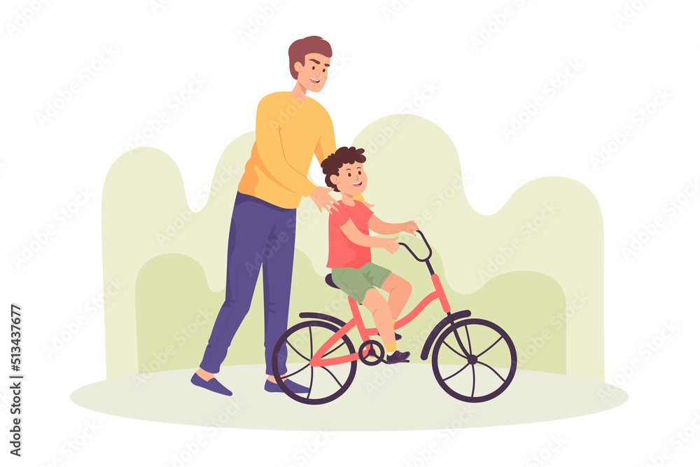 Happy cartoon father standing behind son on bicycle. Man spending weekend with kid by teaching cycling flat vector illustration. Parenting, fatherhood, outdoor activity, family concept for banner