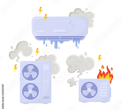 Broken air conditioner vector illustrations set. Damage or defect of air conditioning or home ventilation system due to overheat isolated on white background. Technology, repair service concept
