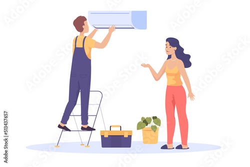 Cartoon woman next to repairman fixing air conditioner. Home ventilation or HVAC system, engineer repairing cooling or heating unit in room flat vector illustration. Repair service concept for banner