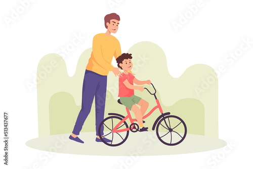 Happy cartoon father standing behind son on bicycle. Man spending weekend with kid by teaching cycling flat vector illustration. Parenting, fatherhood, outdoor activity, family concept for banner