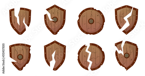Medieval shields broken in battle vector illustrations set. Shields of different shapes, armor of warriors or Vikings isolated on white background. Fantasy concept for game design