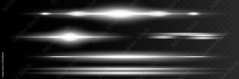 Red horizontal lens flares pack. Laser beams, horizontal light rays.Beautiful light flares. Glowing streaks on dark background. Luminous abstract sparkling lined background.