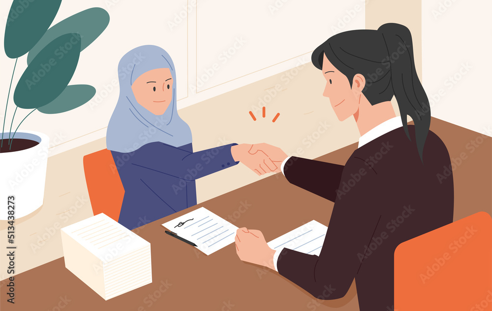 Two women are shaking hands in the office. There is a signed contract on the table. A woman is wearing a hijab. flat design style vector illustration. Two women are shaking hands in the office. There is a signed contract on the table. A woman is wearing a hijab. flat design style vector illustration.