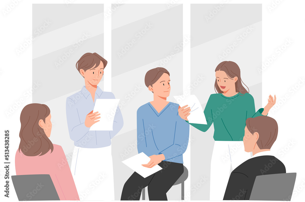 Office workers sitting around and discussing opinions with papers in hand. flat design style vector illustration. Office workers sitting around and discussing opinions with papers in hand. flat design style vector illustration.