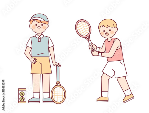 Cute boys are playing tennis. A cute boy standing holding a tennis racket and a boy doing a swing pose. flat design style vector illustration.