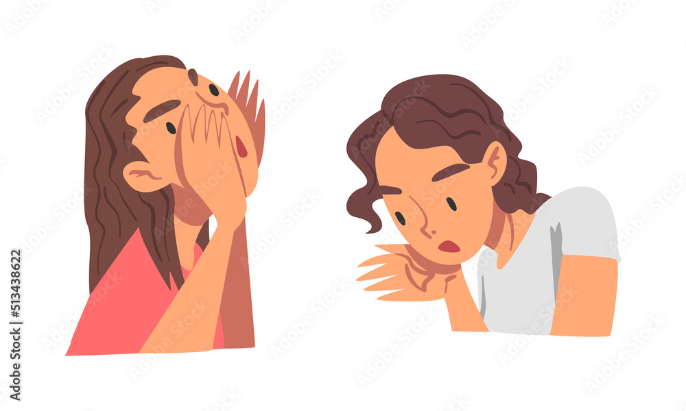 Angry Frowning Woman Character Expressing Distaste and Antipathy for Someone Vector Set