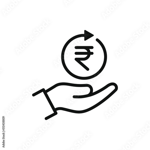 Rupee in circular arrow on hand. Money transaction process icon line style isolated. Vector illustration