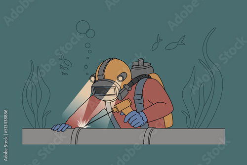 Diver in uniform repair pipe underwater 