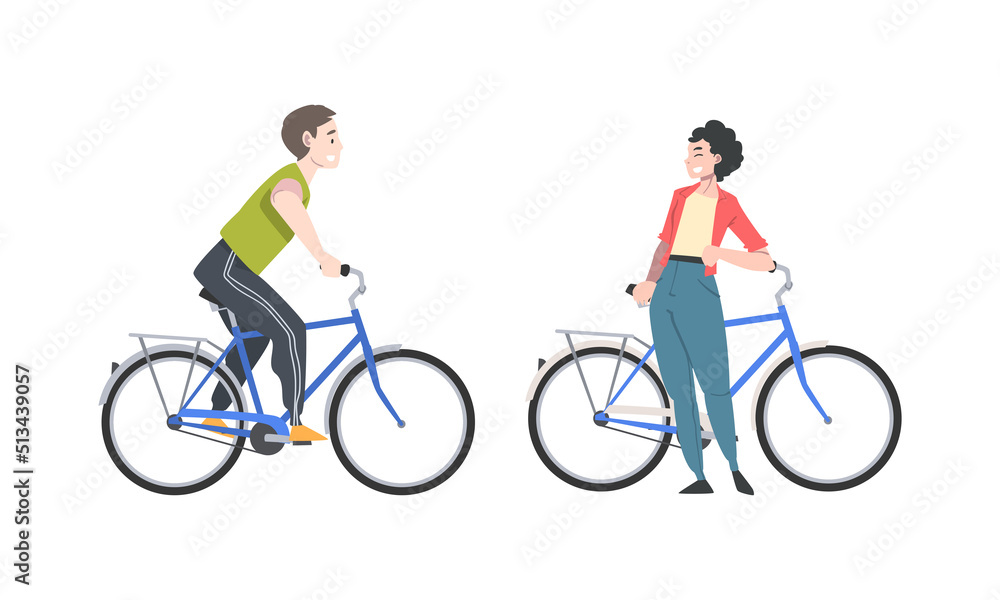 Fototapeta premium Smiling Man and Woman Riding Bicycle Enjoying Vacation or Weekend Activity Vector Illustration Set