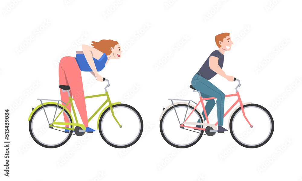 Smiling Man and Woman Riding Bicycle Enjoying Vacation or Weekend Activity Vector Illustration Set Smiling Man and Woman Riding Bicycle Enjoying Vacation or Weekend Activity Vector Illustration Set