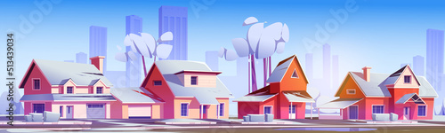 Suburban houses with snow and city skyscrapers on horizon. Vector cartoon illustration of winter snowy landscape of suburb district street with cottages, garages, road, trees and bushes
