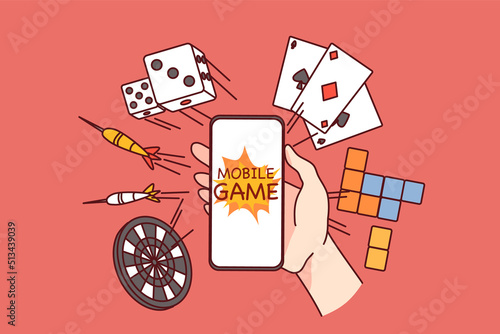 Hand holding smartphone with online gaming applications. Person addicted to internet games on cellphone. Gambling and addiction concept. Vector illustration. 