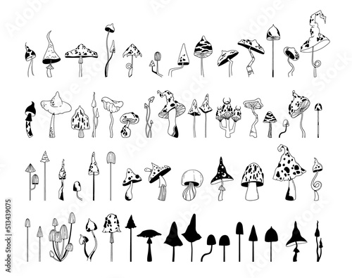 Mystical mushroom isolated clip art bundle, hand drawn poisonous amanita fungus or fly agaric mush in black and white line, vector silhouettes illustrations
