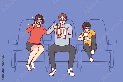 Happy family with 3d glasses enjoy movie in cinema together. Smiling parents and son have fun watching film in theater on weekend. Entertainment concept. Vector illustration. 