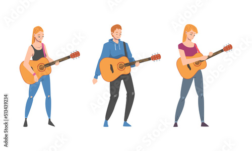 Young Man and Woman Musician Guitarist Character Playing Guitar Performing Street Concert Vector Set