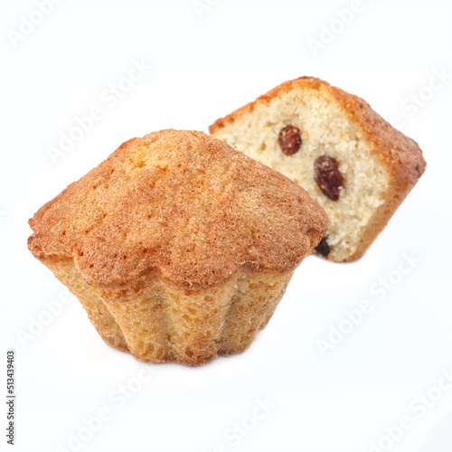 cupcake with raisins whole and cut on white background isolated