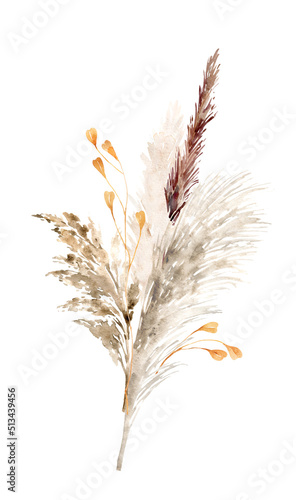 Pampas grass boho border painted in watercolor. Floral neutral colors bouquet, frame. Botanical boho elements isolated on white. Bohemian style wedding invitation, greeting, card, print, scrapbooking