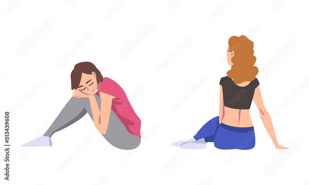Woman with Bended Knees Sitting on the Floor Feeling Calm Vector Set Woman with Bended Knees Sitting on the Floor Feeling Calm Vector Set