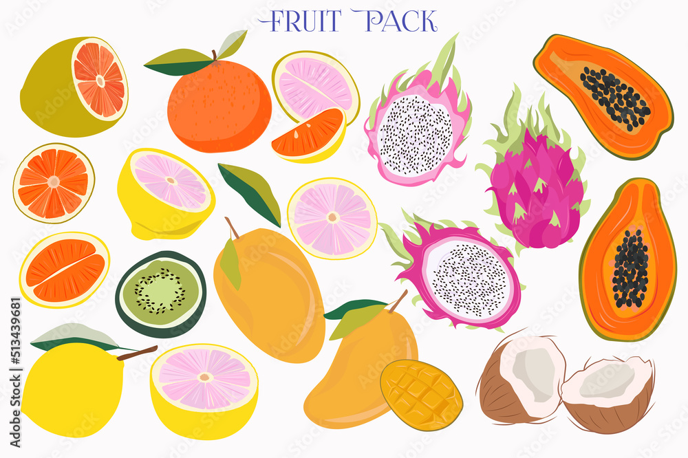 Collection of fruits. Citrus, lemon, lime, kiwi, papaya, coconut, mango. Editable vector illustration Collection of fruits. Citrus, lemon, lime, kiwi, papaya, coconut, mango. Editable vector illustration