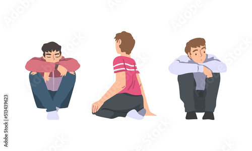 Man with Bended Knees Sitting on the Floor Feeling Calm Vector Set