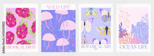 Collection of interior modern posters with summer scene. Editable Vector Illustration.