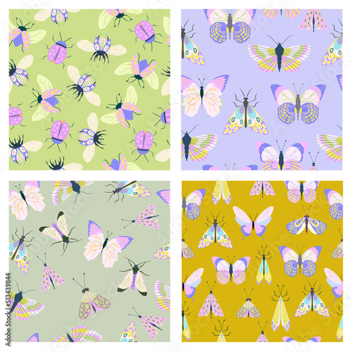 Insects seamless pattern collection. Butterfly, bugs, moth texture. Editable vector illustration.