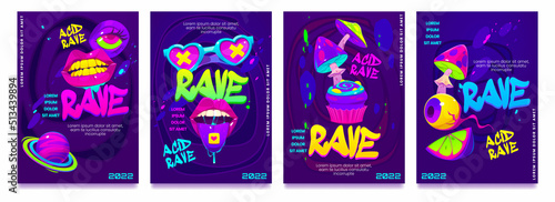 Psychedelic rave trip party banner template set, mouth with tongue and teeth, eye ball, drugs, mushrooms and heart shaped glasses, acid background. Vector cartoon horizontal contemporary hippie poster