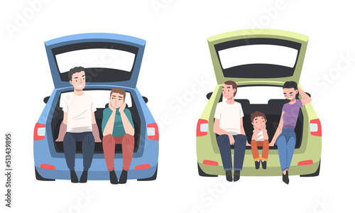 Smiling Man and Woman Sitting in Car Trunk Vector Illustration Set