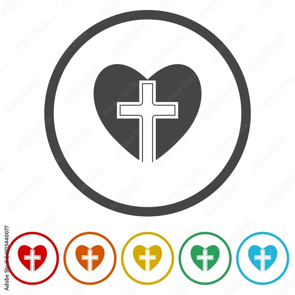 Obraz premium Christian cross heart icons in color circle buttons
