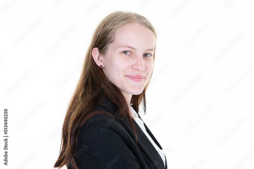 Happy young business blonde woman in suit posing isolated over white wall background Happy young business blonde woman in suit posing isolated over white wall background