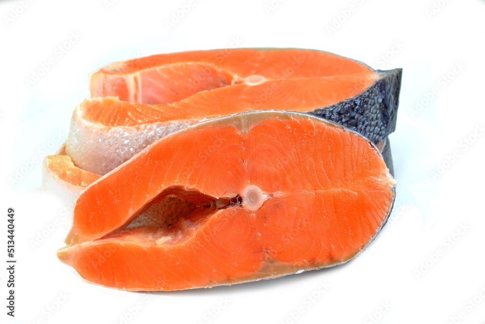 salmon, trout, steak, slice of fresh raw fish, isolated on white background, clipping path, full depth of field. red fish salmon, trout, steak, slice of fresh raw fish, isolated on white background, clipping path, full depth of field. red fish