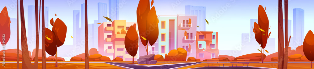 City district with modern houses at autumn day. Urban architecture panoramic background with dwellings, park area at front yard with paves, orange trees, benches and rocks, Cartoon vector illustration