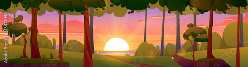 Cartoon nature landscape, summer evening forest panoramic background with narrow road going along green trees to lake shore. Path under pink dusk sky with sun shining, scenery wood Vector illustration