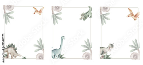 Set of card with watercolor dinosaurs isolated.