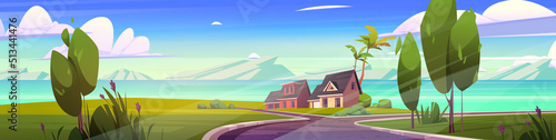 Suburban houses at summer nature landscape. Road lead to residential district with cottages, countryside buildings at mountain lake, green lawns, trees and flowers around, Cartoon vector illustration