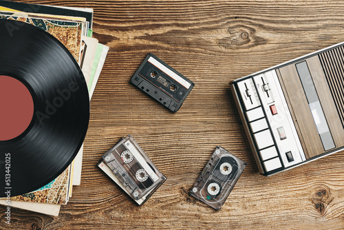 Obraz na płótnie Vinyl records, cassette tapes and cassette recorder