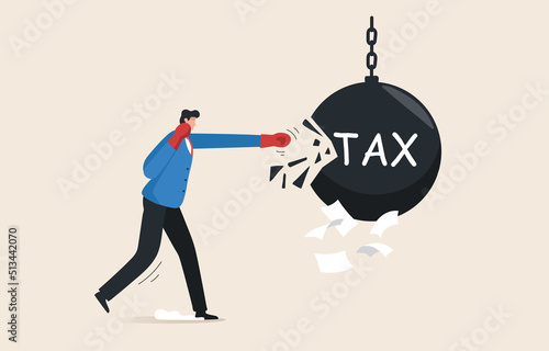 Tax payment. Tax relief. government policy.  Businessman fighting with steel pendulum text word tax.