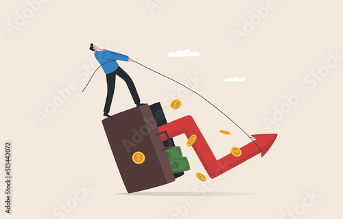 Investment crisis. salvage investment portfolio or adjusting strategies during market recession. The stock market crashed heavily. Businessman pulling arrow graph chart up with a rope.