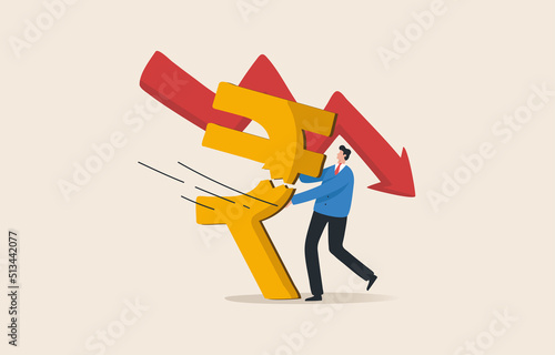 India  Financial Crisis. Rupee currency crisis. Monetary policy crisis. Depression india economy. A businessman tries to support the falling rupee symbol.
