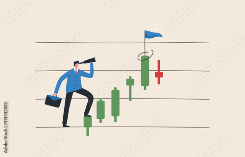 Take Profit. Setting the profit target point on the chart line. Profitability in an uptrend stock market.  Investors or traders hold binoculars looking for selling points on the chart.