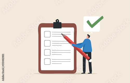 Checklist for completed tasks, project checkbox. .List of goals that have been accomplished. Businessman standing with a pencil.