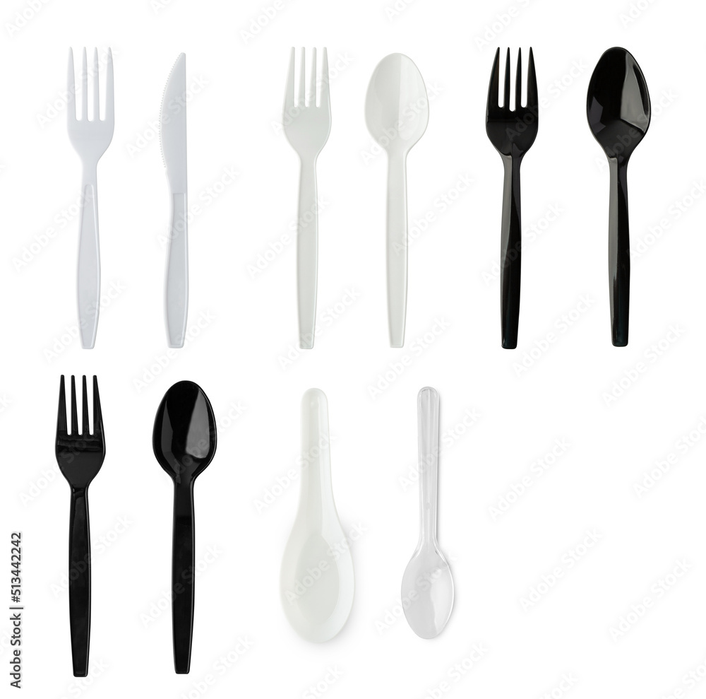 Plastic cutlery utensils isolated on white background with clipping path Plastic cutlery utensils isolated on white background with clipping path