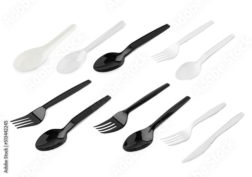 Plastic cutlery utensils isolated on white background with clipping path