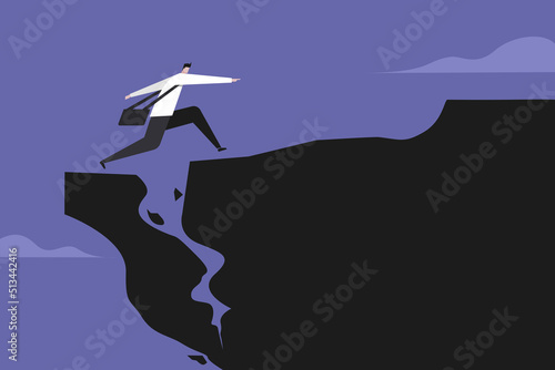 Conceptual illustration of a businessman running across a falling cliff 
