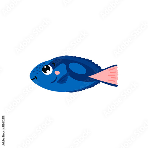 Paracanthurus fish with cute smiling face, flat vector illustration isolated on white background.