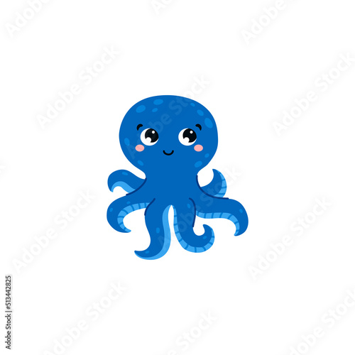 Cute blue cartoon octopus with pink cheeks flat style  vector illustration